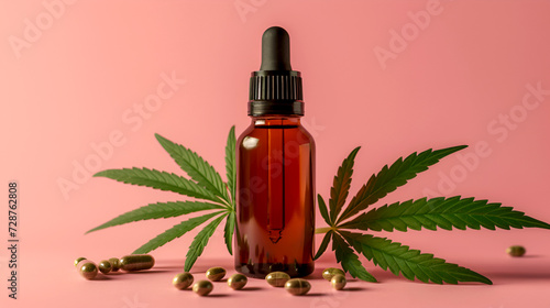 CBD oil in a bottle with dropper with cannabis leaves on pink background. Hemp oil bottle, green marijuana leaves, natural organic cosmetics concept. Stylish dropper bottle of cannabis beauty oil