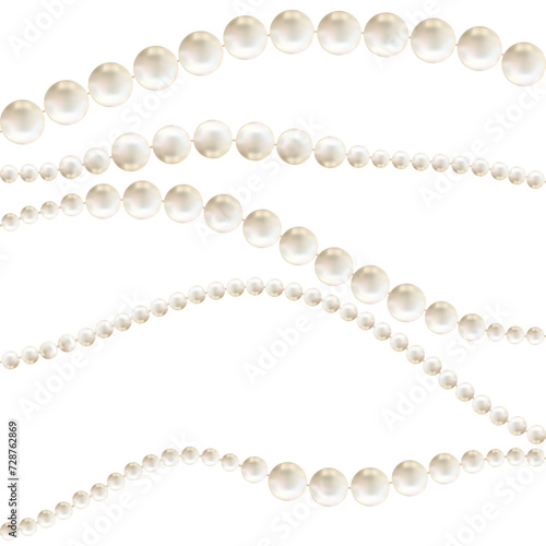 Beautiful vector image of strands of pearls, necklaces on a white background. Beautiful pearl necklace. Jewel. Bead decoration. Vector illustration. White background. Border.