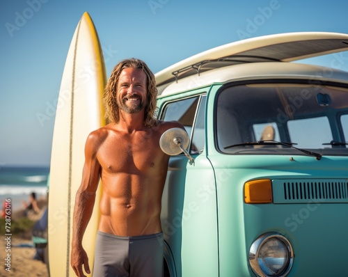 Portrait of shirtless man standing with surfboard and van at beach. Sport concept. Vacation and Travel Concept with Copy Space.