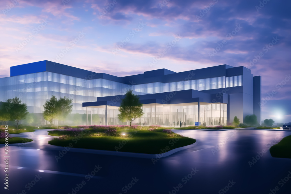 Modern office building on the road at night. 3d rendering.