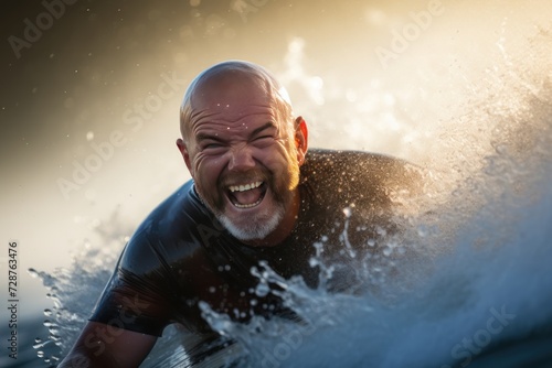 Portrait of happy senior man in wetsuit with surfboard. Sport concept. Vacation and Travel Concept with Copy Space. © John Martin