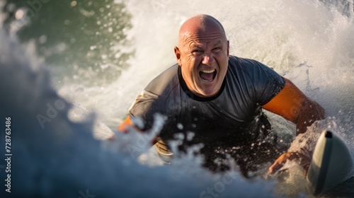 Portrait of happy senior man in wetsuit with surfboard. Sport concept. Vacation and Travel Concept with Copy Space.