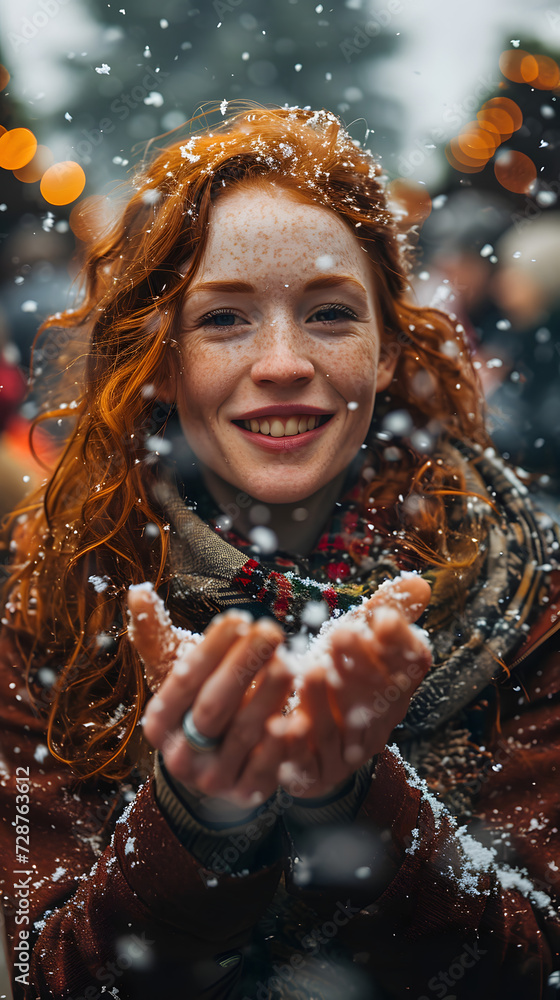 Snowy Serenity: Young Woman Model with Red Hair Amidst Snowfall - Generative AI Snowy Serenity: Young Woman Model with Red Hair Amidst Snowfall - Generative AI
