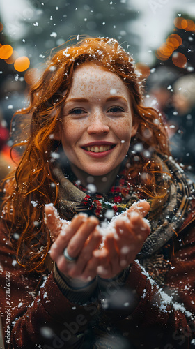 Snowy Serenity: Young Woman Model with Red Hair Amidst Snowfall - Generative AI