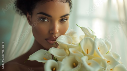 A mesmerizing woman with a bouquet of calla lilies, their elegance mirroring ...
