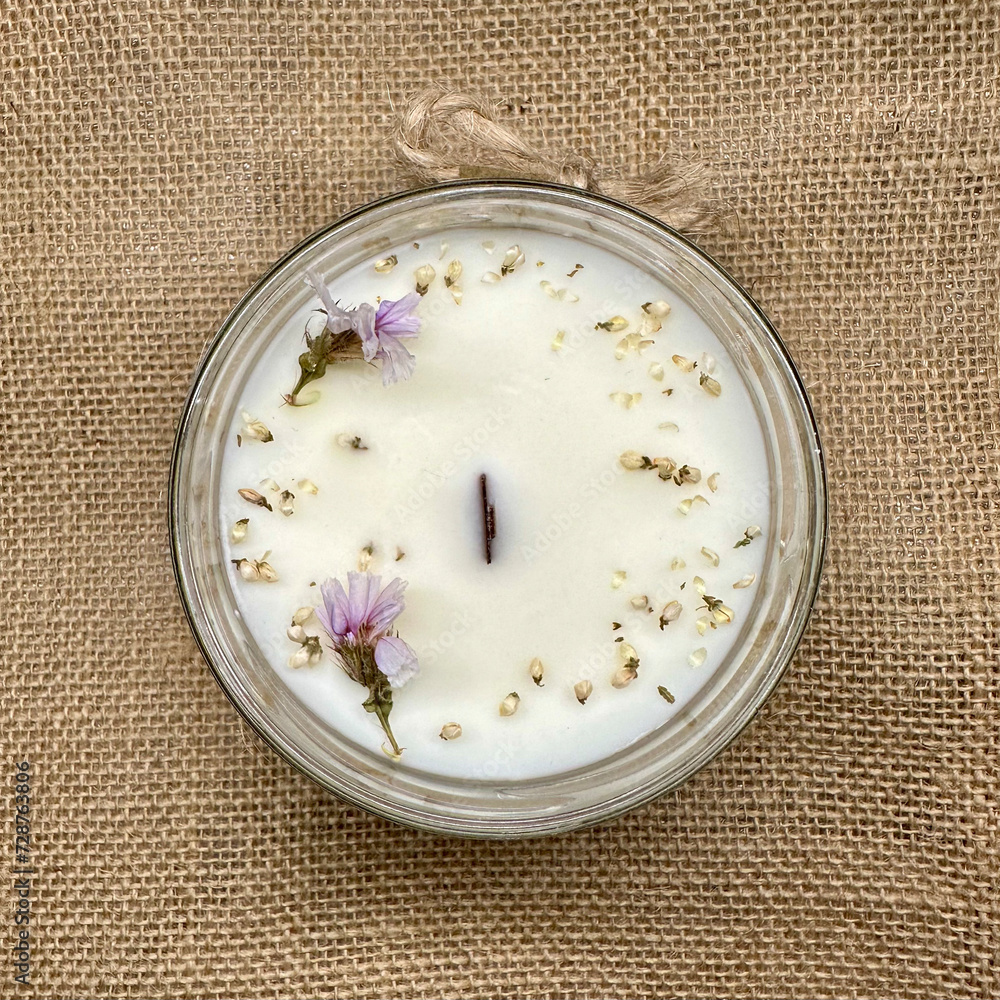 Soy Candle Handmade with dried flowers - obrazy, fototapety, plakaty 