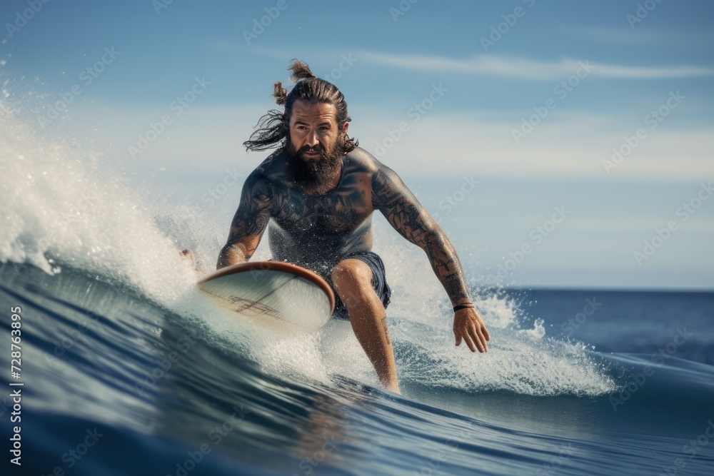 Tattooed man surfing on a surfboard in the ocean. Sport concept. Vacation and Travel Concept with Copy Space. - obrazy, fototapety, plakaty 