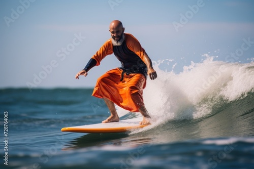 Surfer on the ocean wave. Man surfing on the ocean wave. Sport concept. Vacation and Travel Concept with Copy Space.