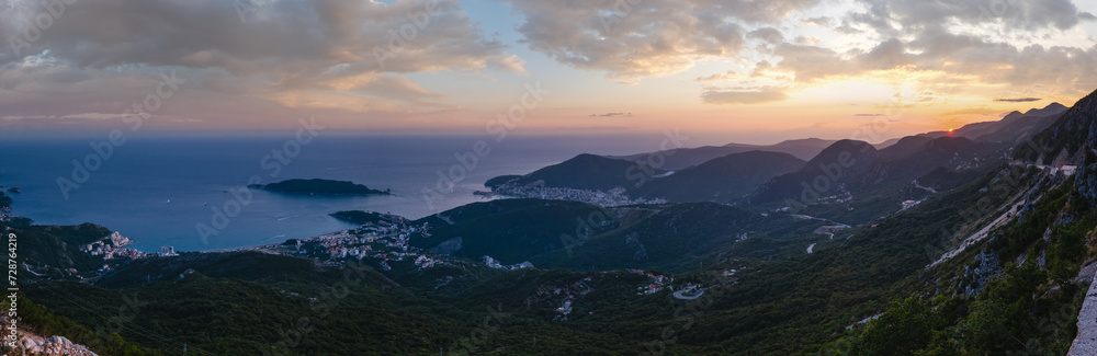 Fototapeta premium Budva riviera sunset coastline. Montenegro, Balkans, Adriatic sea.
