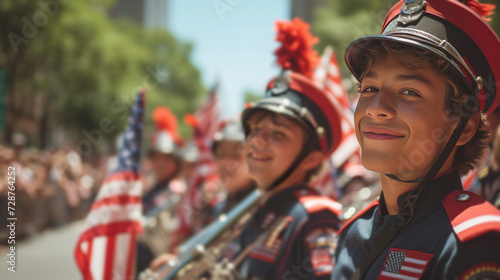 A patriotic parade featuring marching bands, waving flags, and smiling specta...