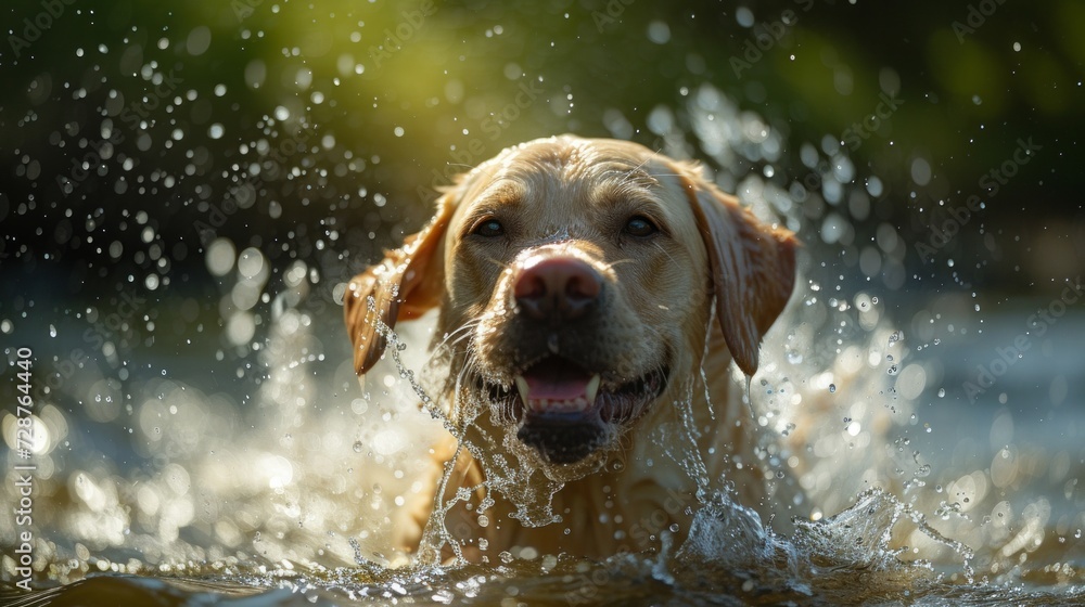 A Labrador splashing in a sparkling pond, exuding pure happiness on a hot summer day