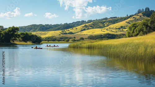 A lakeside gathering with kayaking, fishing, and a scenic backdrop of rolling...