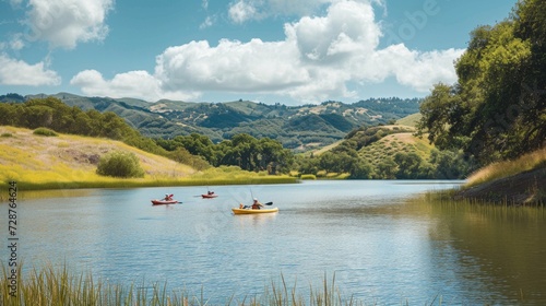 A lakeside gathering with kayaking, fishing, and a scenic backdrop of rolling hills