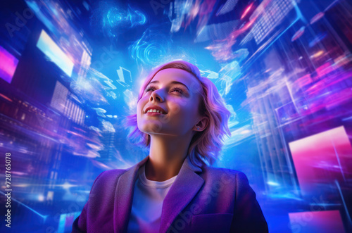 photo of Busineswoman with head out of his mind and cityscape in the bright neon background