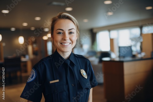Smiling portrait of a young female police officer at station photo