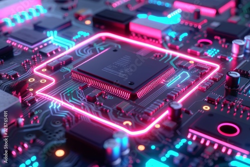 close up of a microchip circuit board of a computer with neon lights