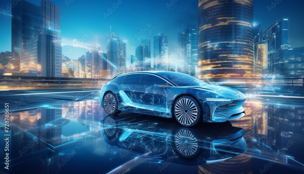 futuristic car combined with virtual space on modern buildings - obrazy, fototapety, plakaty 