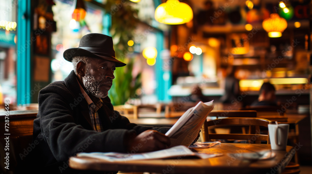 An elderly African American restaurant patrons are sitting at a table and looking through a newspaper