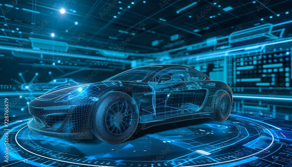 futuristic car combined with virtual space on modern buildings futuristic car combined with virtual space on modern buildings