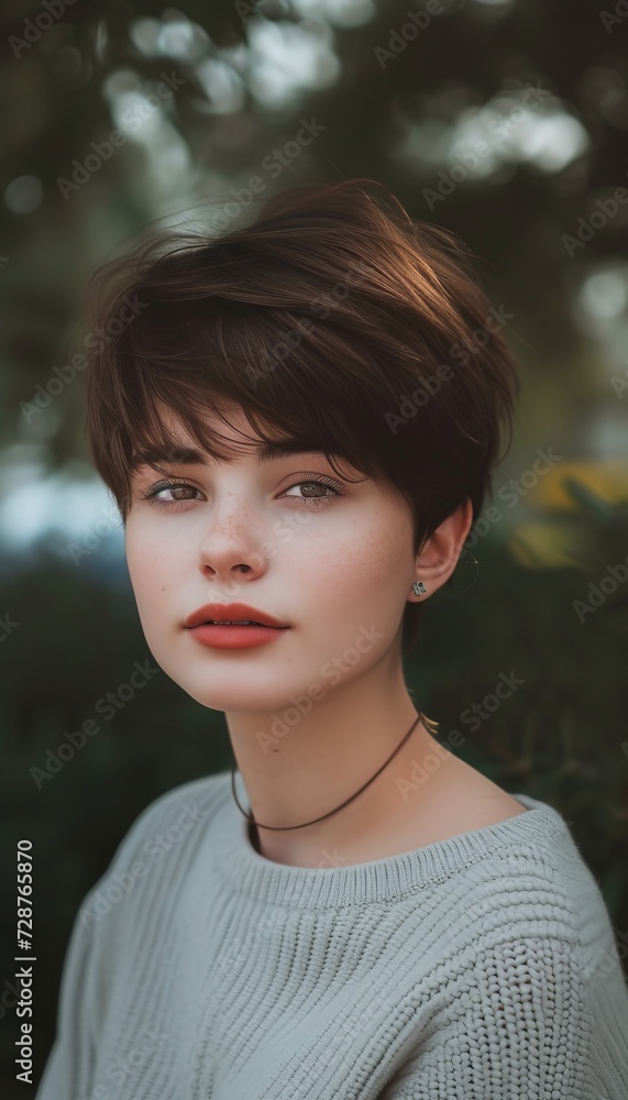 Portrait of a young woman with short brown hair and green eyes, outdoors Portrait of a young woman with short brown hair and green eyes, outdoors