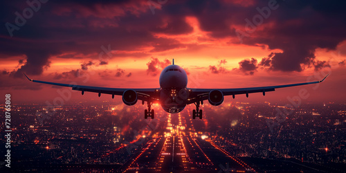The plane takes off at sunset overlooking the sea. Beautiful sunset light or sunrise over the sea, colorful sunset sky scenery with amazing clouds and sea.