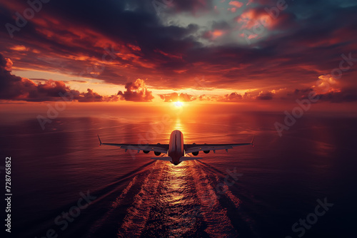 The plane takes off at sunset overlooking the sea. Beautiful sunset light or sunrise over the sea, colorful sunset sky scenery with amazing clouds and sea.