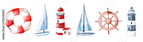 Watercolor set of illustrations with lighthouse and sailboats. Yachting drawing isolated on white background. Lifebuoy and steering wheel for design and cards