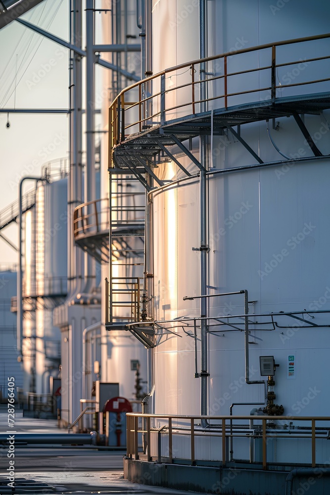 Side view of oil terminal storage tank, White oil tank storage chemical petroleum petrochemical refinery product at oil terminal. generative AI Side view of oil terminal storage tank, White oil tank storage chemical petroleum petrochemical refinery product at oil terminal. generative AI