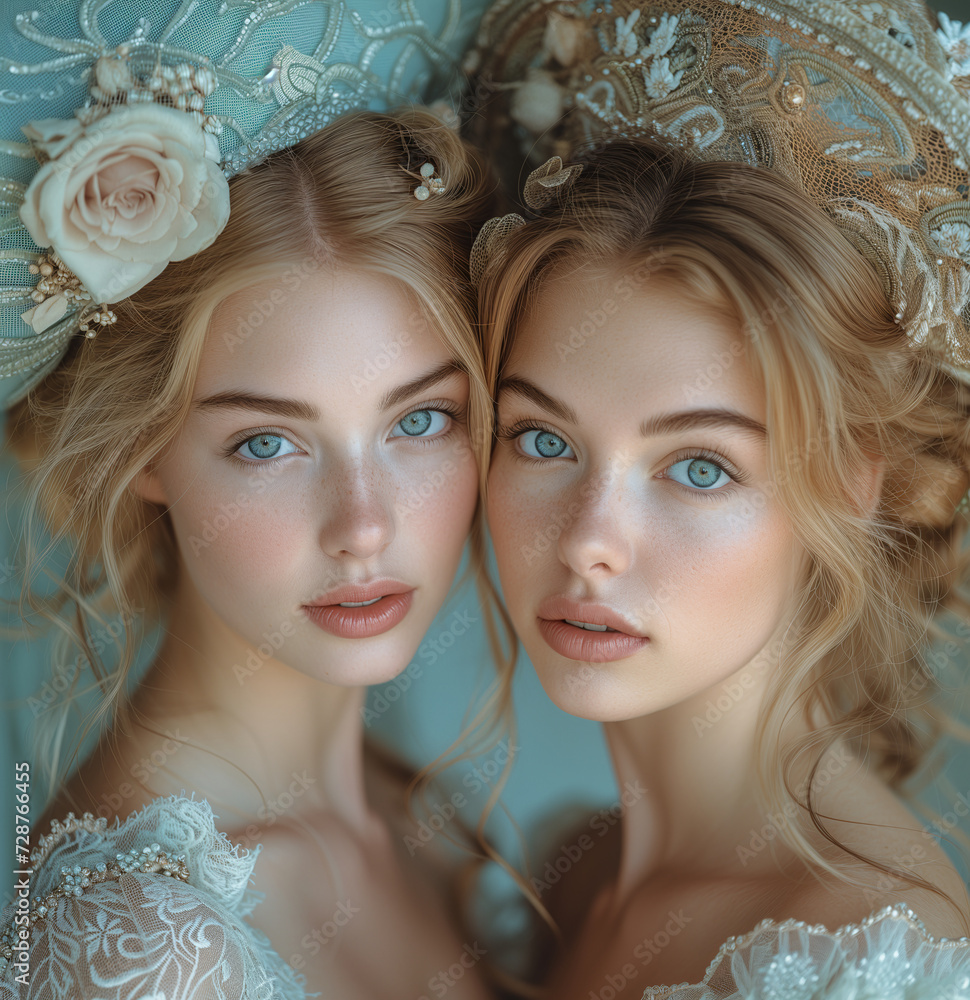 Romantic portrait of two twins at their wedding.