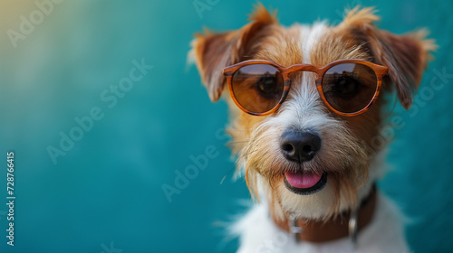 Cute smiling white and brown dog with sunglasses on blue background. Selective focus. Copy space. Animal care concept 