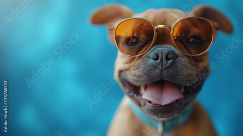 Animal care concept. Smiling dog with sunglasses on blue background. Selective focus. Copy space © Inga Bulgakova