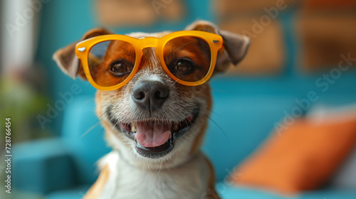 Home background. Cute smiling dog with sunglasses. Animal care concept. Selective focus. Copy space  © Inga Bulgakova