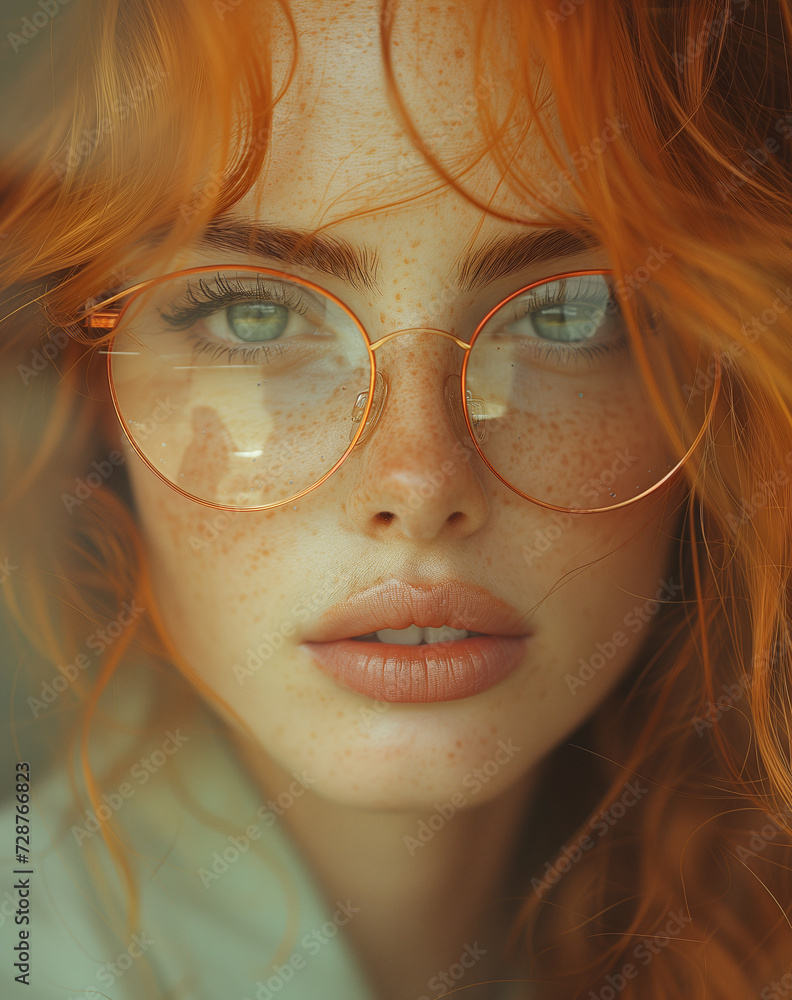 Detailed portrait of a redheaded girl with freckles wearing glasses.