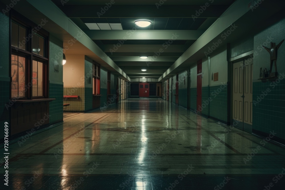 Interior of a empty high school hallway