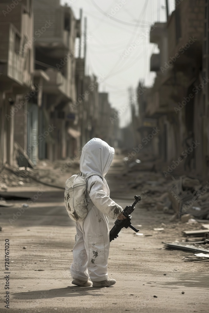A young child in a camouflage jacket feeds a white dove from hand against a blurred cityscape A young child in a camouflage jacket feeds a white dove from hand against a blurred cityscape