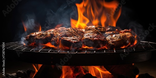 Barbecue grill with fire and charcoal on table, black background.