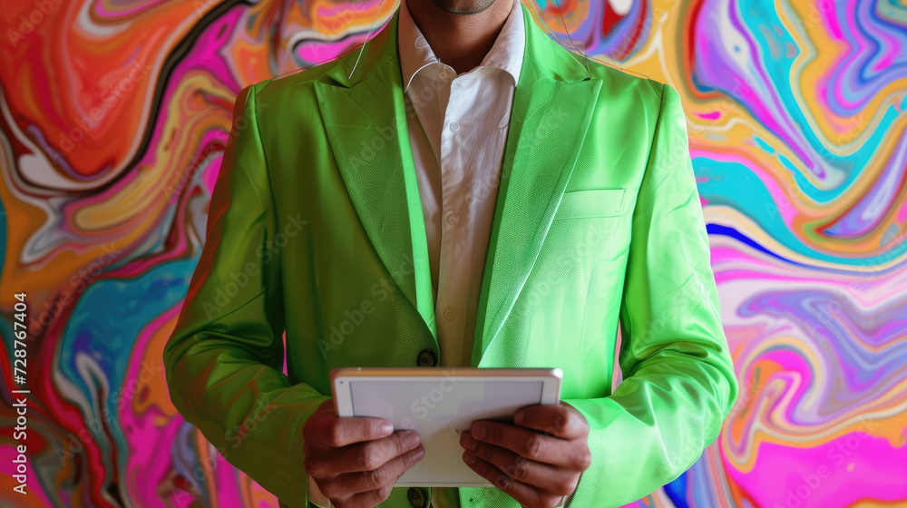 Fototapeta premium illustration in which a man is wearing a suit and holding a tablet, colorful surrealist, pop art prints