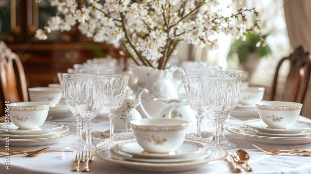 An elegant Easter dining room, set with fine china, crystal glassware, and elegant tableware