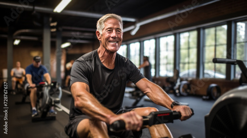 A rowing machine user in a gym, working on cardiovascular fitness and upper b...