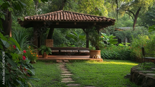 A rustic podium nestled in a lush garden, harmonizing with nature's simplicity.