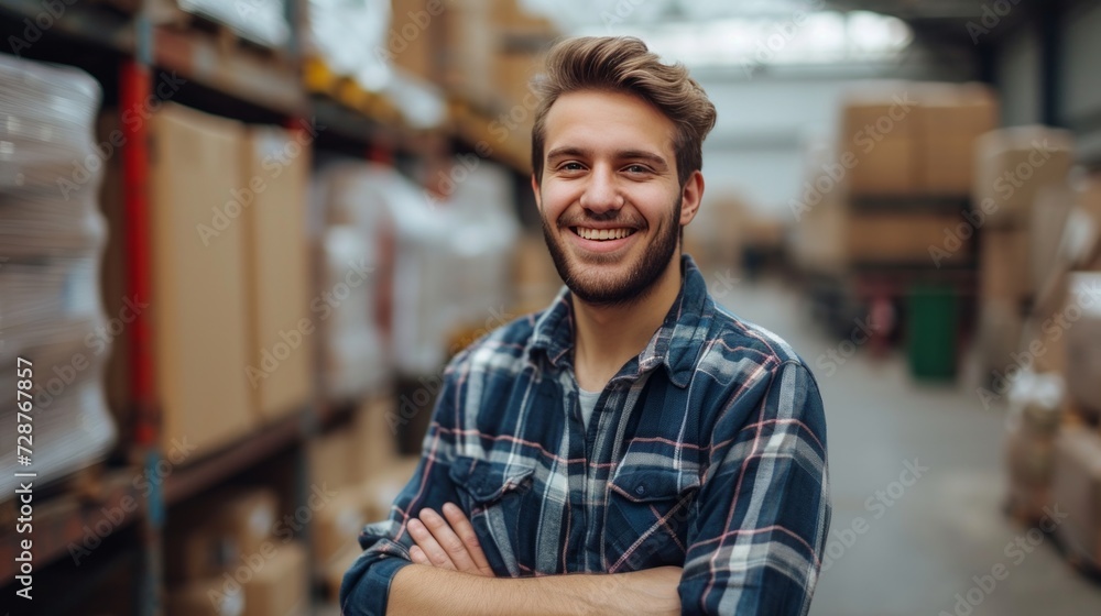 A young handsome loader stands and looks smiling at the camera A young handsome loader stands and looks smiling at the camera