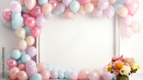 A serene celebration setup with a wooden frame and clusters of delicate, past...
