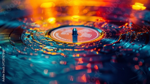 An abstract record spinning in a sea of vibrant colors, producing audible art