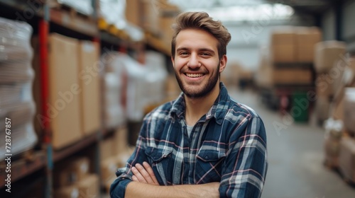 A young handsome loader stands and looks smiling at the camera