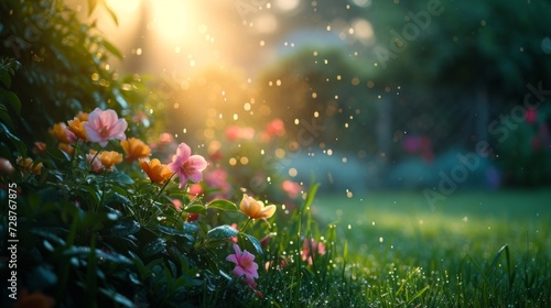 A serene Easter morning scene with a dew-covered garden, perfect for a peacef...