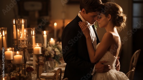A stolen moment as the couple steals a kiss during their elegant, candlelit r...
