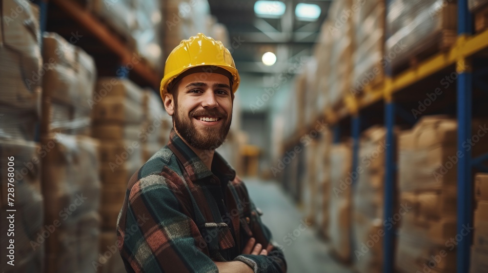 A young handsome loader stands and looks smiling at the camera A young handsome loader stands and looks smiling at the camera