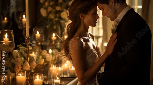 A stolen moment as the couple steals a kiss during their elegant, candlelit r...