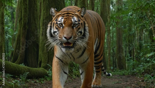 Majestic tiger roaming through the lush forest