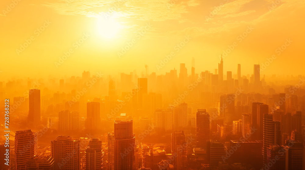 Urban Blaze: A Metropolis Bathed in Golden Light, Its Silhouettes Glimmering as Day Meets the Fiery Breath of Dusk